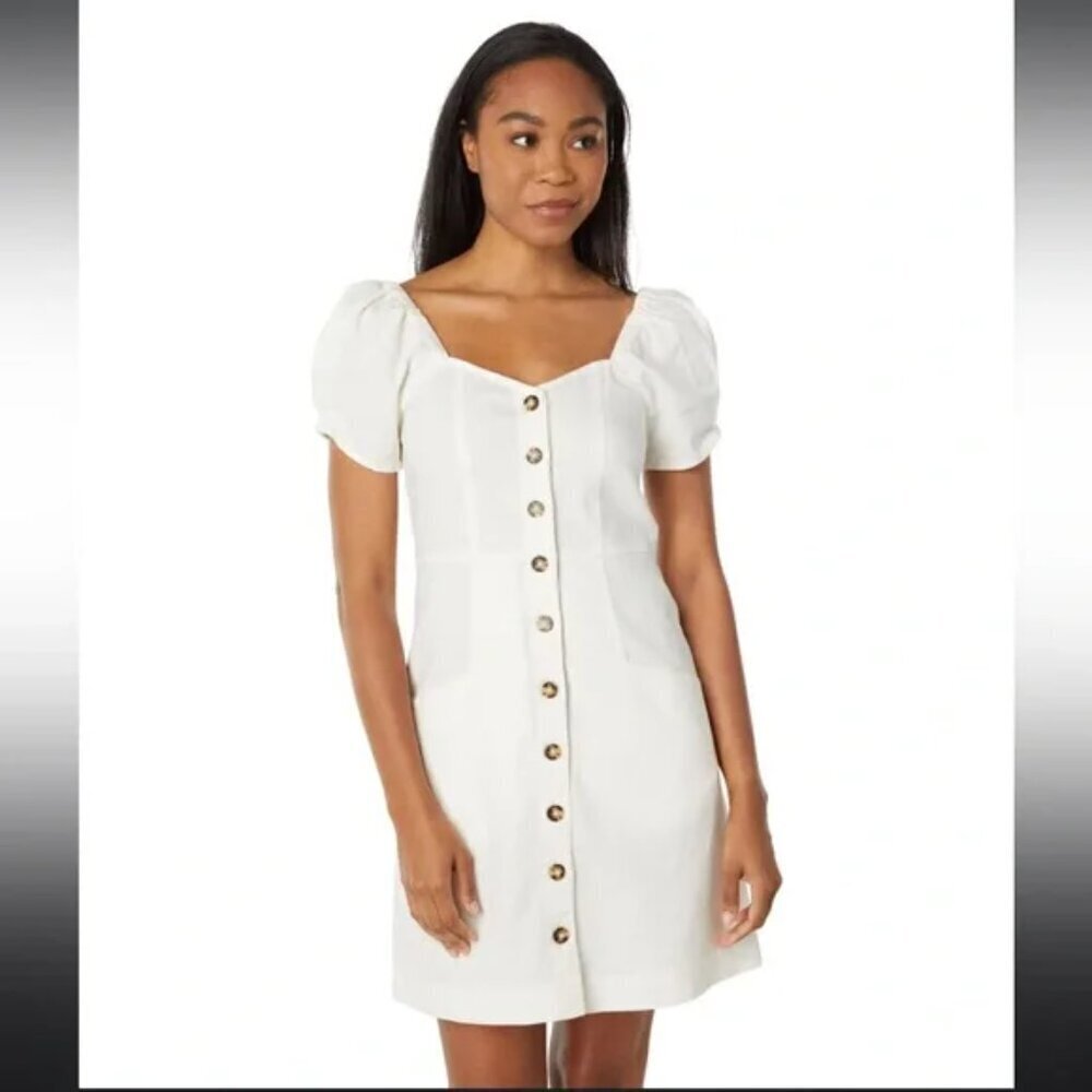 Madewell Linen Cotton Puff Sleeve White Mini Dress Size 8 chic boho prairie 90s